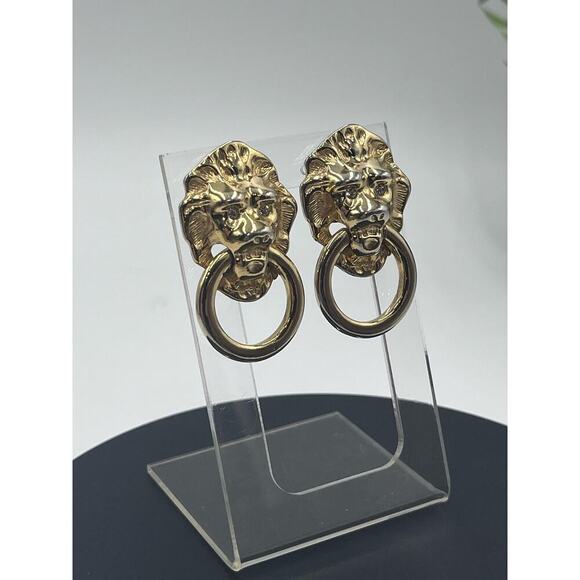 Kenneth Jay Lane‎ Vintage 
Lionhead Doorknocker Rhinestone Eyes Earrings - Picture 4 of 14